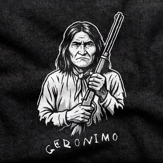 Geronimo design printed on a black cotton tee, close-up
