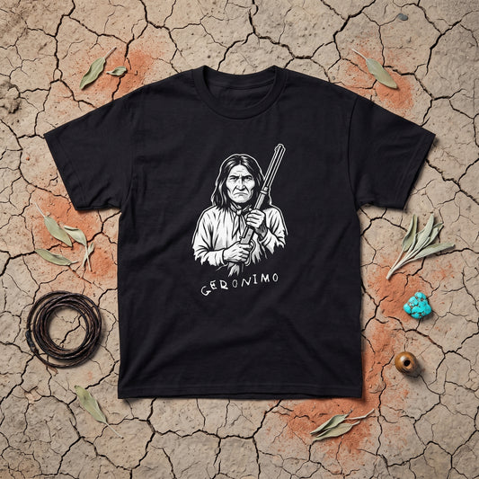 Geronimo black graphic tee, styled flat lay