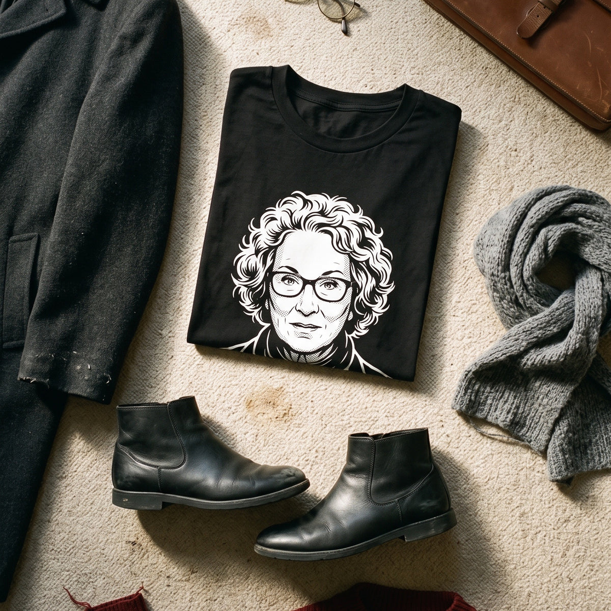 Margaret Atwood black graphic tee styled in a flat lay with matching pieces