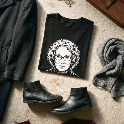 Margaret Atwood black graphic tee styled in a flat lay with matching pieces
