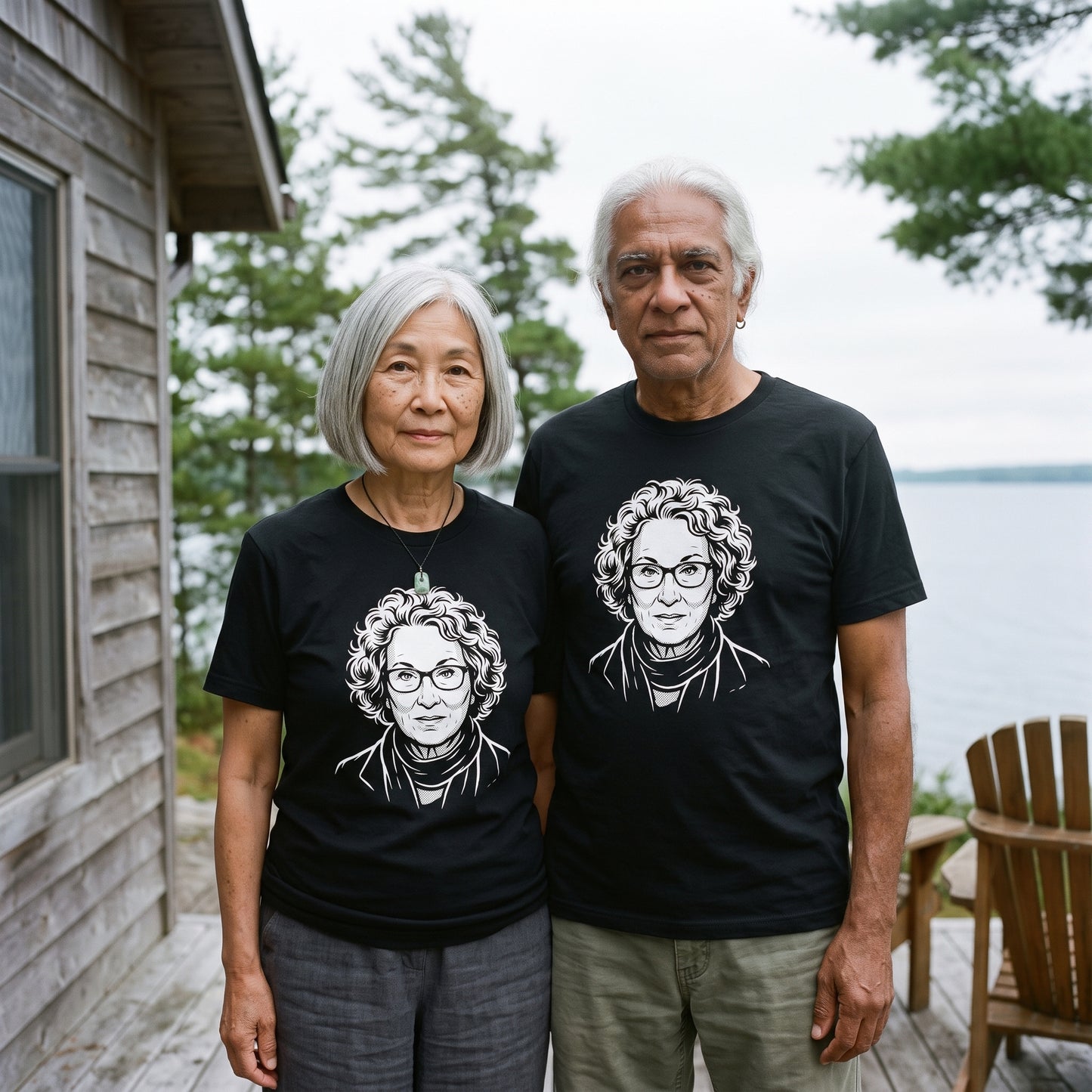 Two models wearing the Margaret Atwood black graphic tee