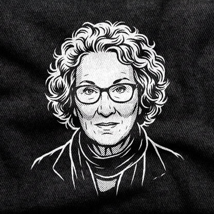 Margaret Atwood design printed on a black cotton tee, close-up