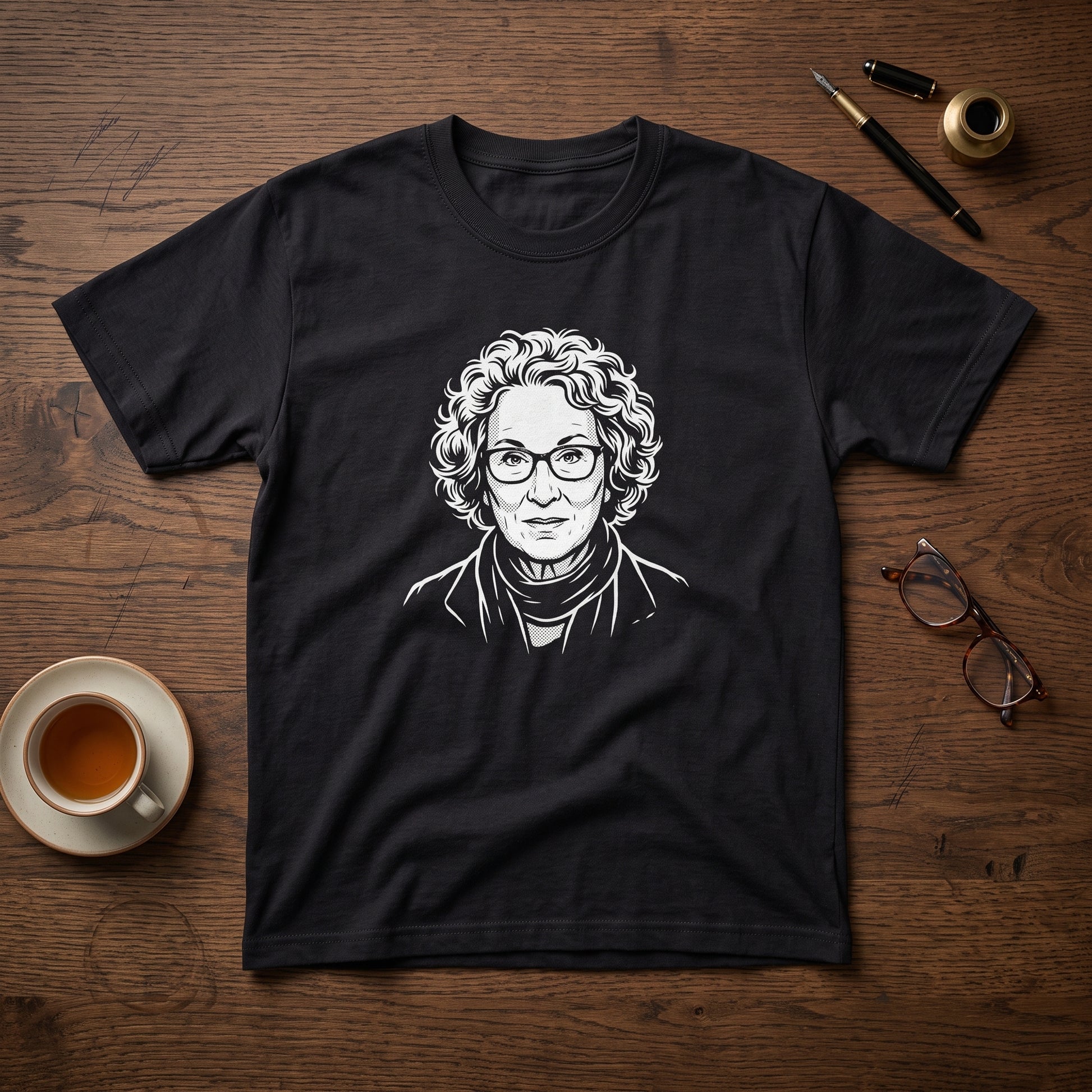 Margaret Atwood black graphic tee, styled flat lay