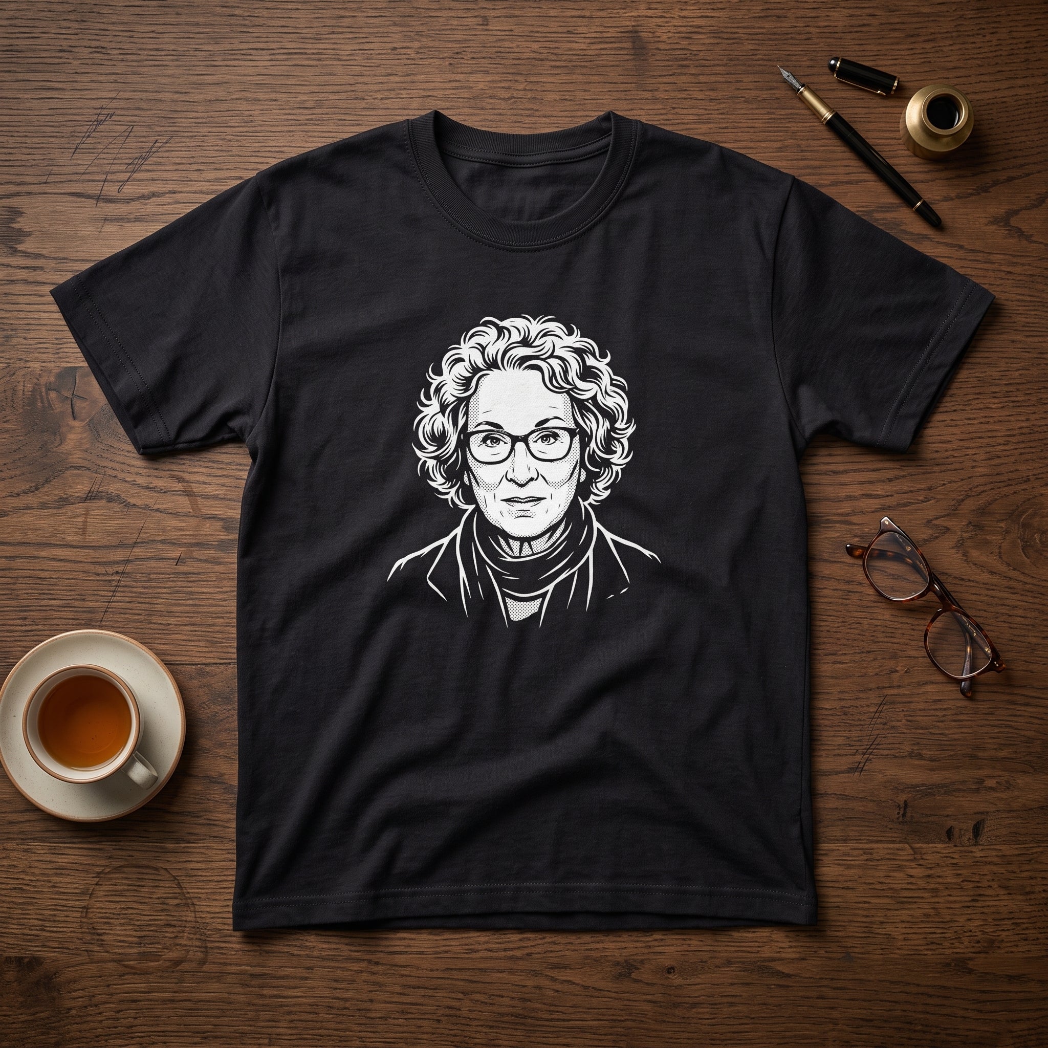 Margaret Atwood black graphic tee, styled flat lay