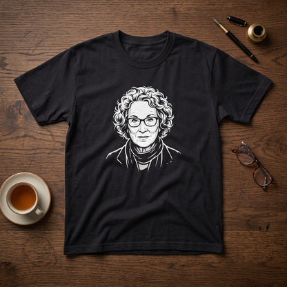 Margaret Atwood black graphic tee, styled flat lay