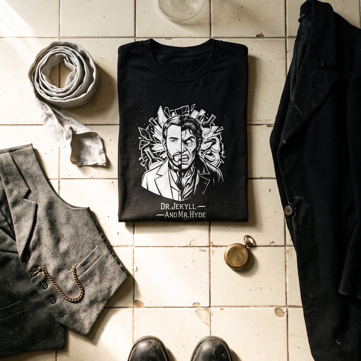 Dr. Jekyll and Mr. Hyde black graphic tee styled in a flat lay with matching pieces
