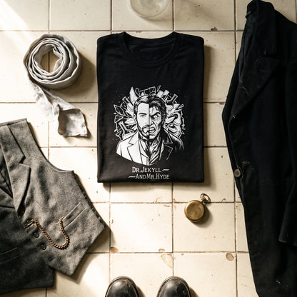 Dr. Jekyll and Mr. Hyde black graphic tee styled in a flat lay with matching pieces