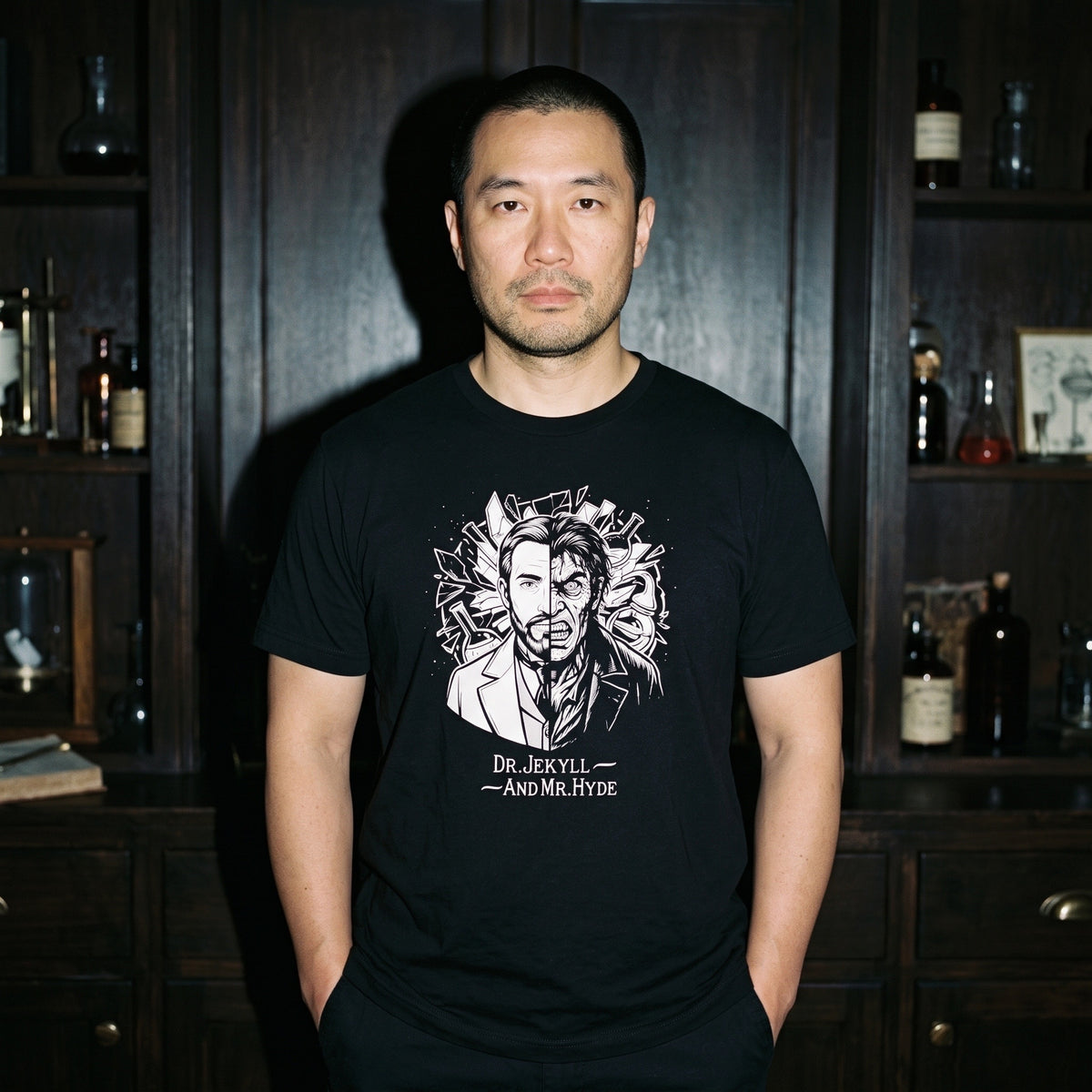 Man wearing the Dr. Jekyll and Mr. Hyde black graphic tee