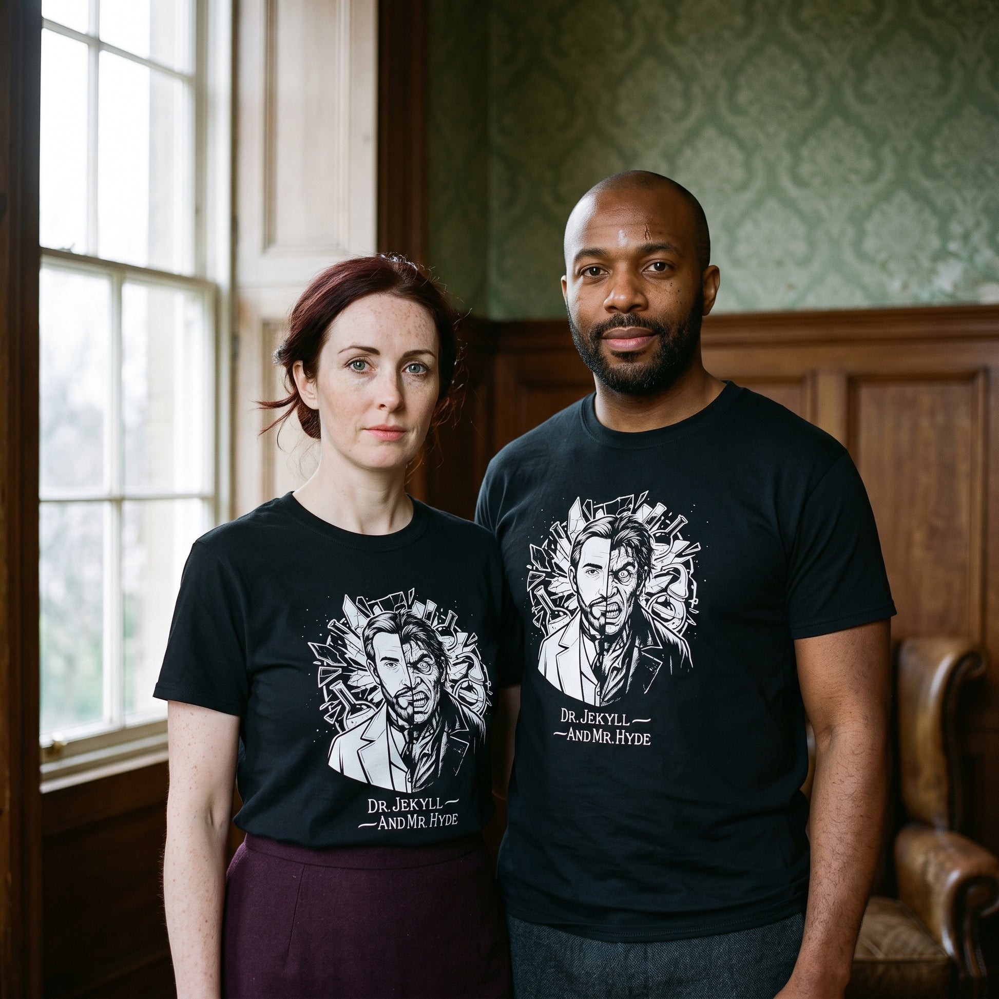 Two models wearing the Dr. Jekyll and Mr. Hyde black graphic tee