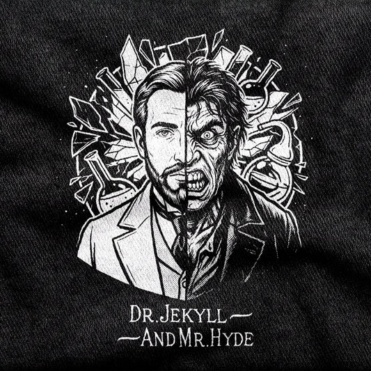 Dr. Jekyll and Mr. Hyde design printed on a black cotton tee, close-up