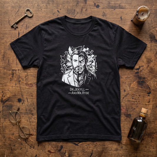 Dr. Jekyll and Mr. Hyde black graphic tee, styled flat lay