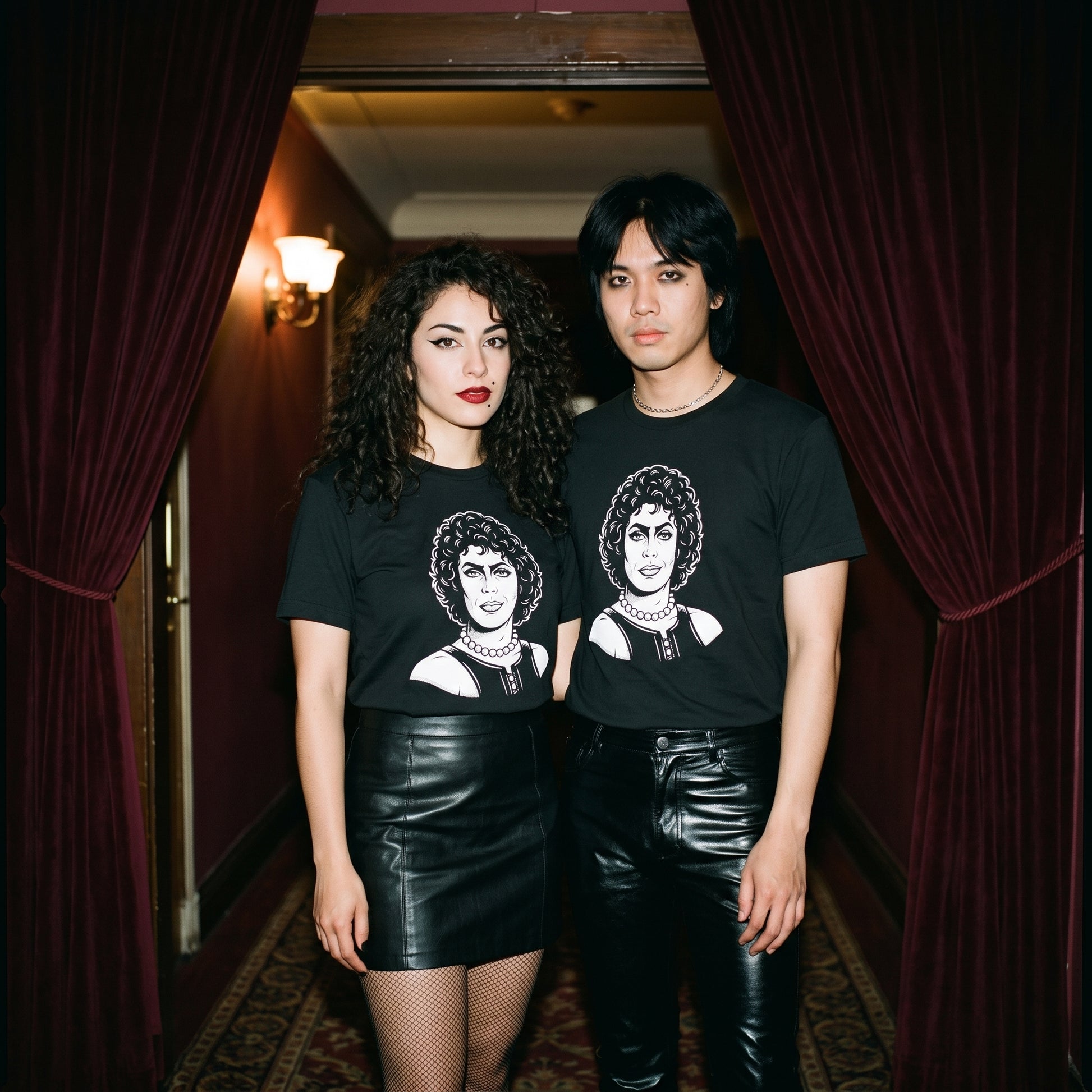 Two models wearing the Frank-N-Furter black graphic tee