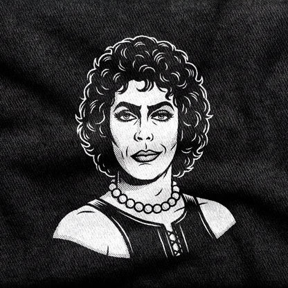 Frank-N-Furter design printed on a black cotton tee, close-up