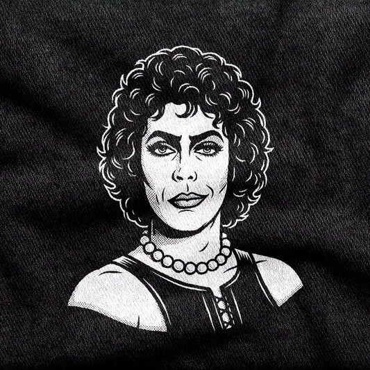 Frank-N-Furter design printed on a black cotton tee, close-up