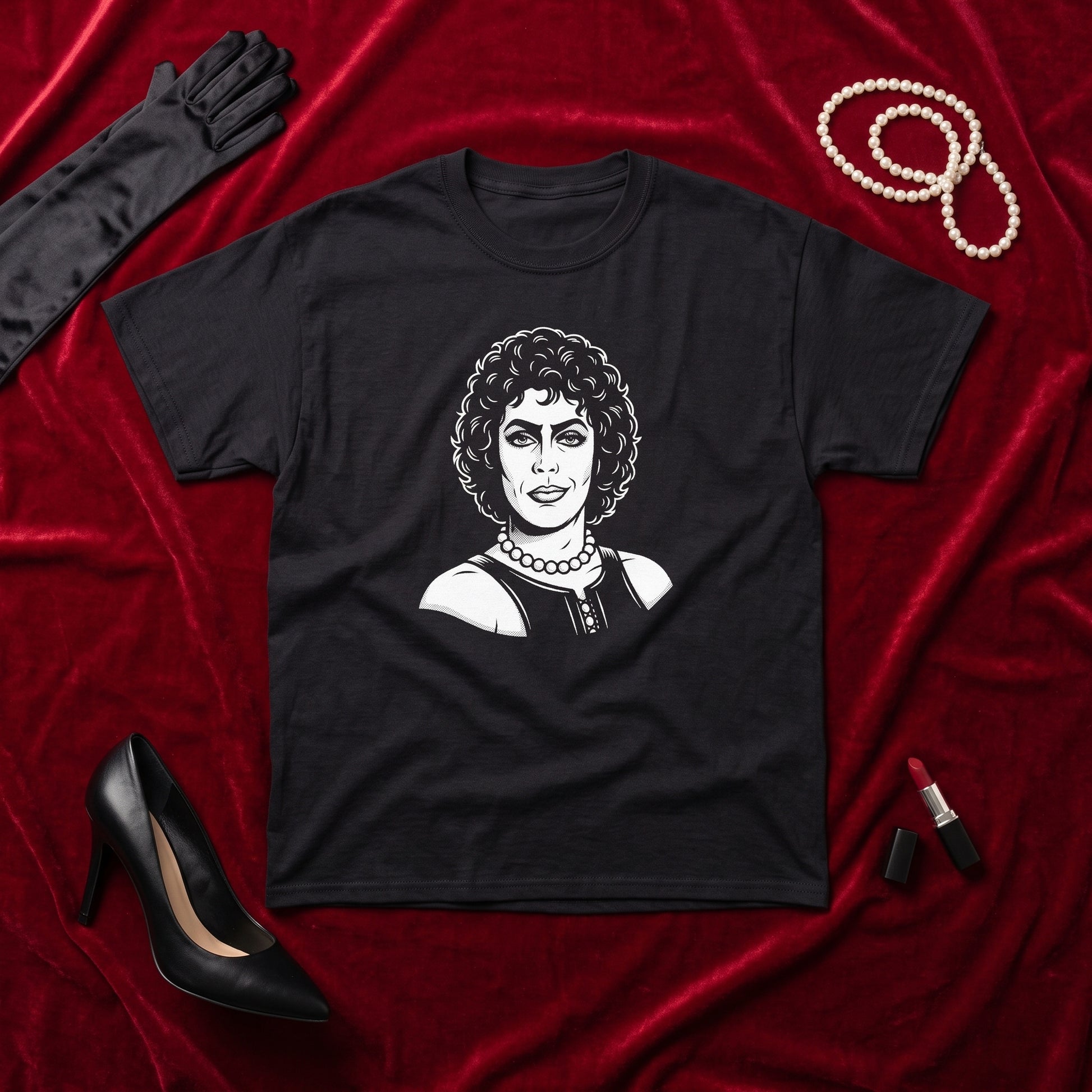 Frank-N-Furter black graphic tee, styled flat lay