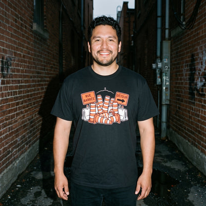 Man wearing the Waldo in Montreal black graphic tee