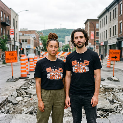 Two models wearing the Waldo in Montreal black graphic tee