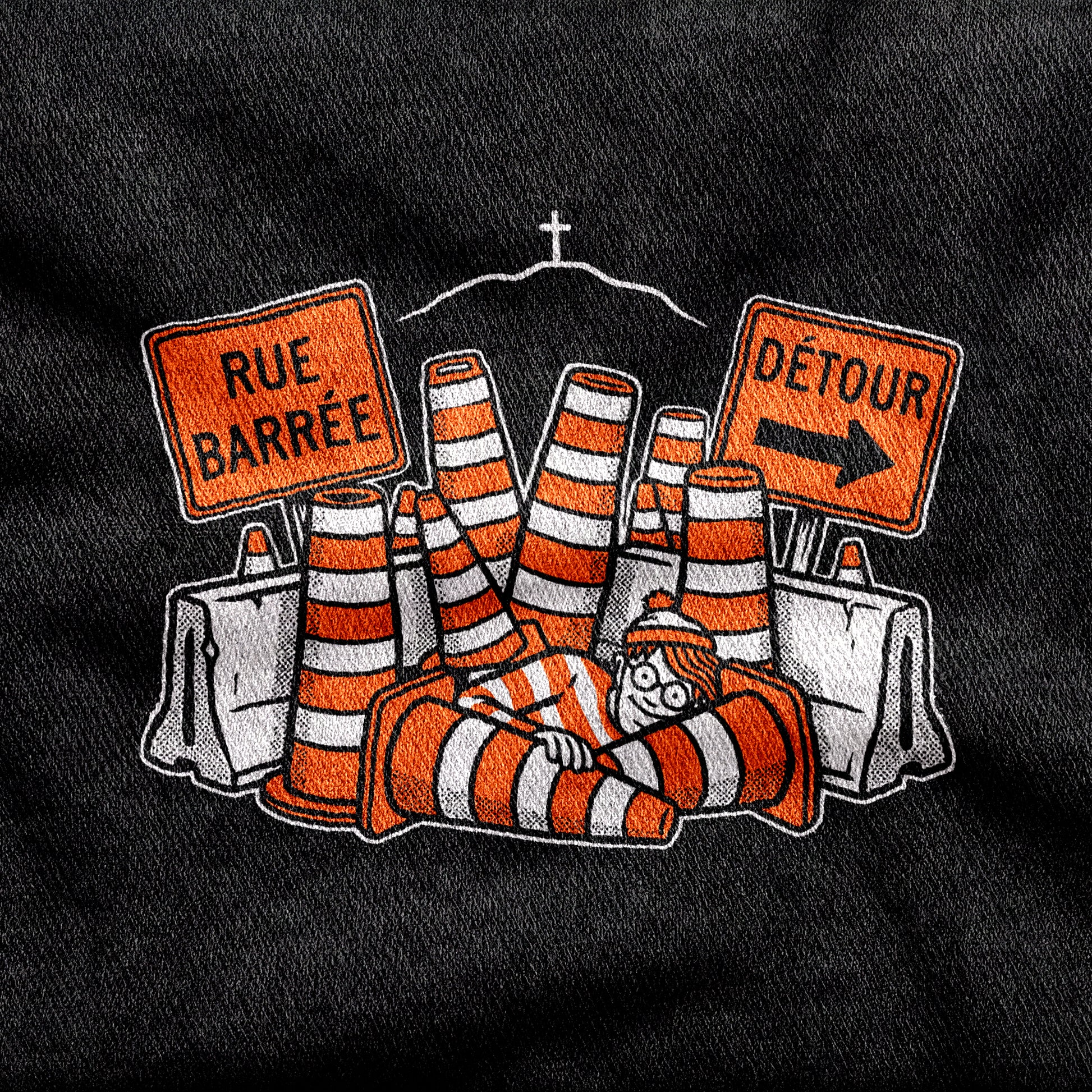 Waldo in Montreal design printed on a black cotton tee, close-up