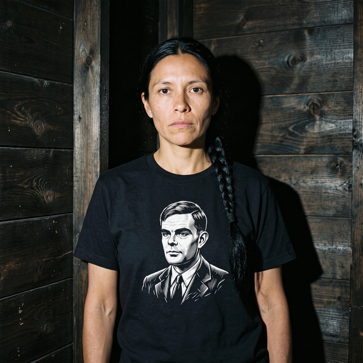 Woman wearing the Alan Turing black graphic tee