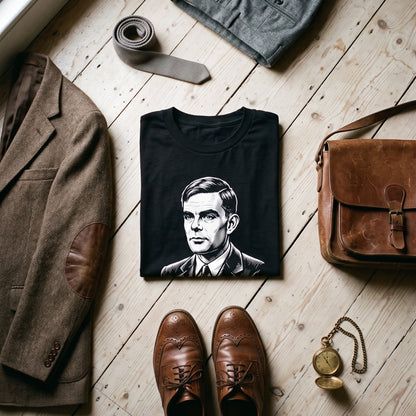 Alan Turing black graphic tee styled in a flat lay with matching pieces