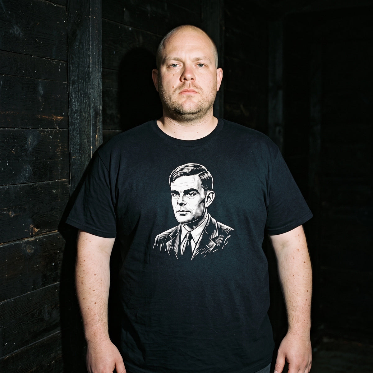 Man wearing the Alan Turing black graphic tee