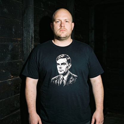 Man wearing the Alan Turing black graphic tee