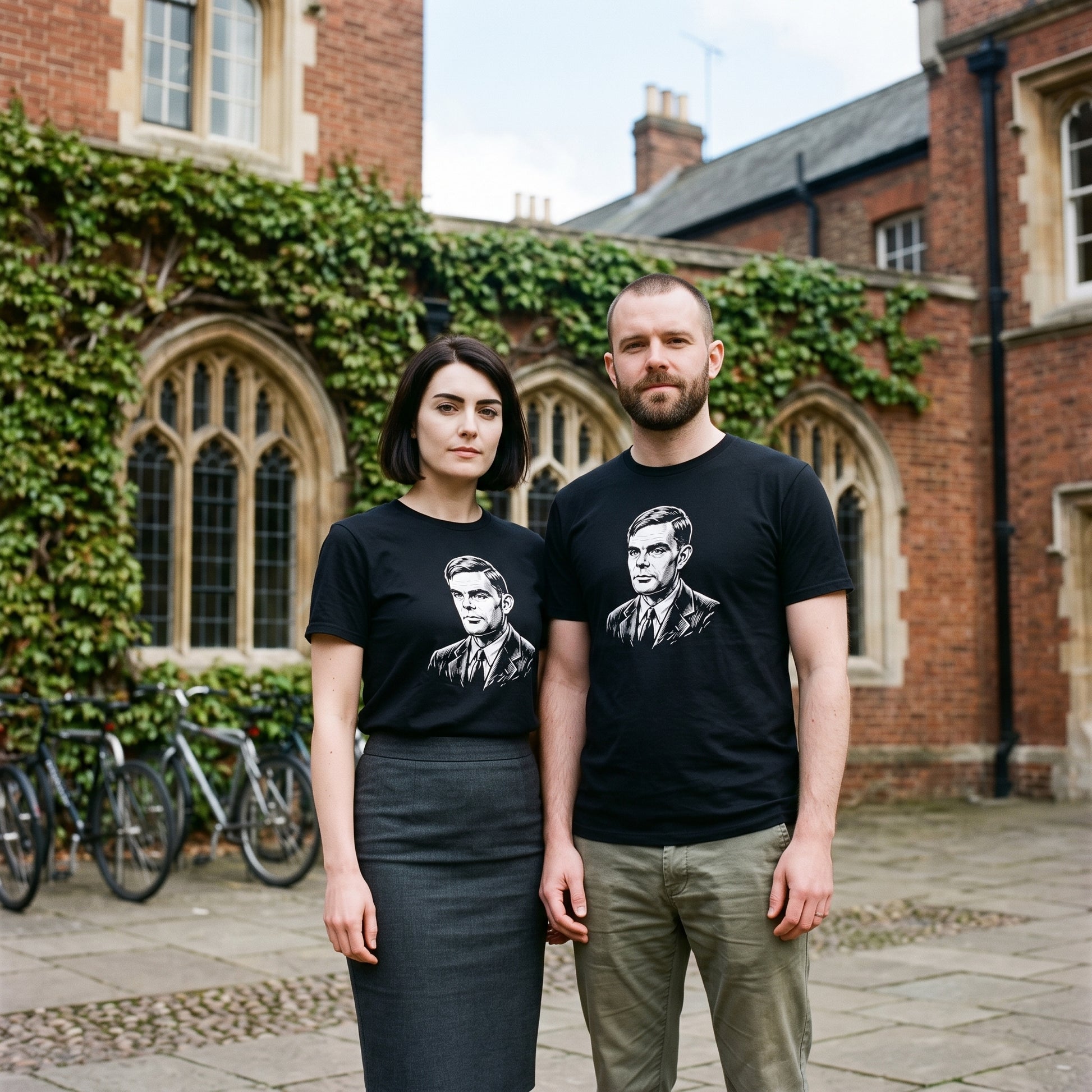 Two models wearing the Alan Turing black graphic tee