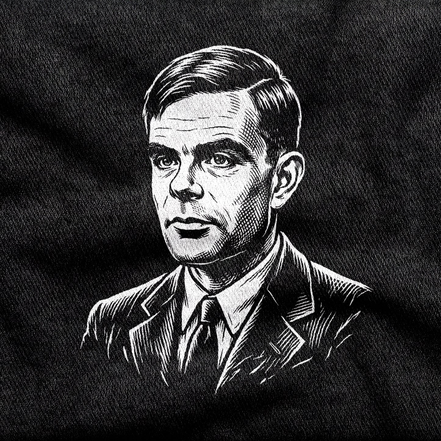 Alan Turing design printed on a black cotton tee, close-up