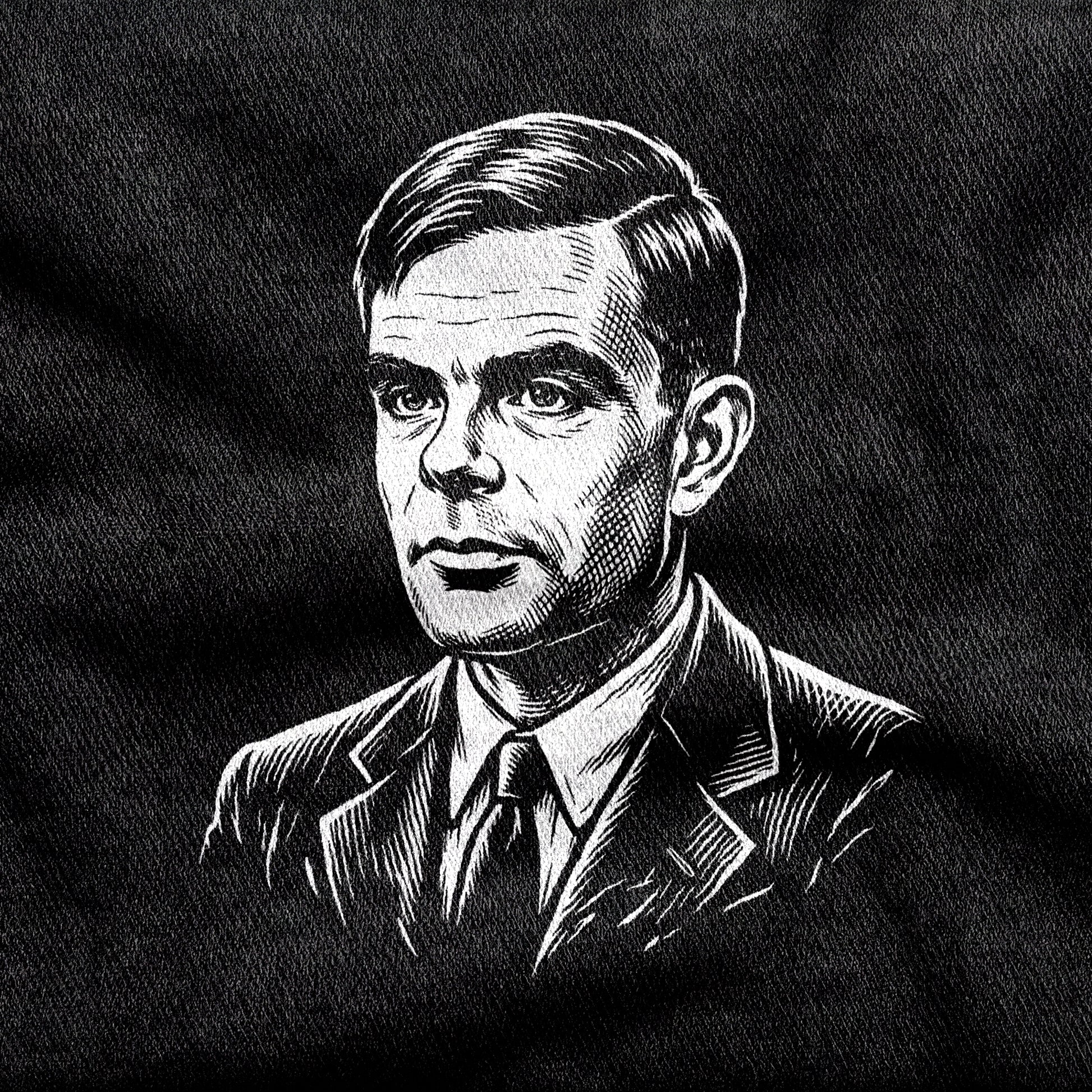 Alan Turing design printed on a black cotton tee, close-up