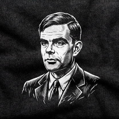 Alan Turing design printed on a black cotton tee, close-up