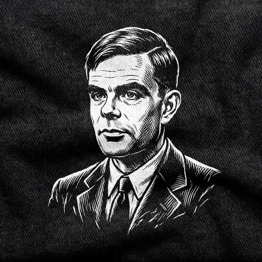 Alan Turing design printed on a black cotton tee, close-up