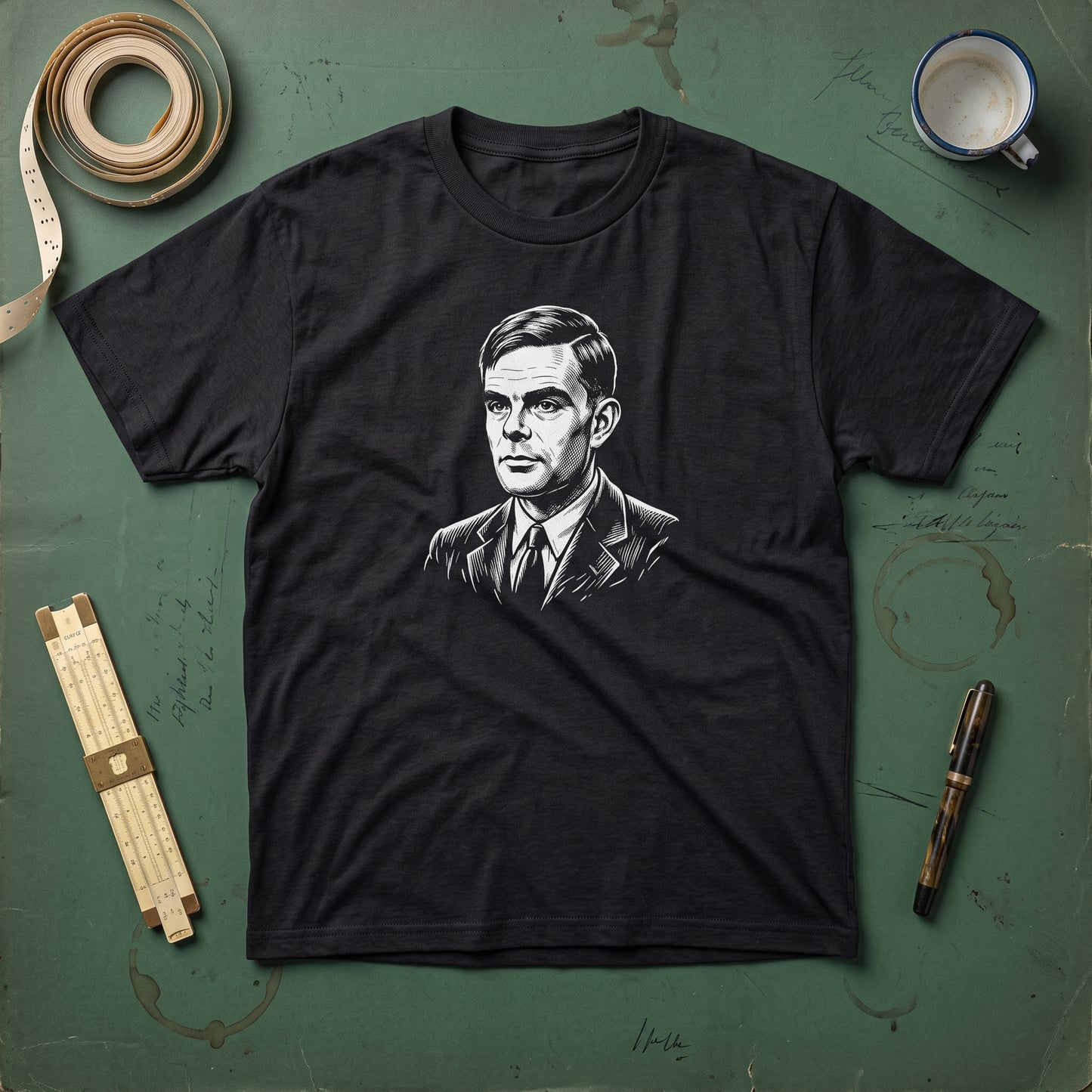 Alan Turing black graphic tee, styled flat lay