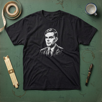 Alan Turing black graphic tee, styled flat lay