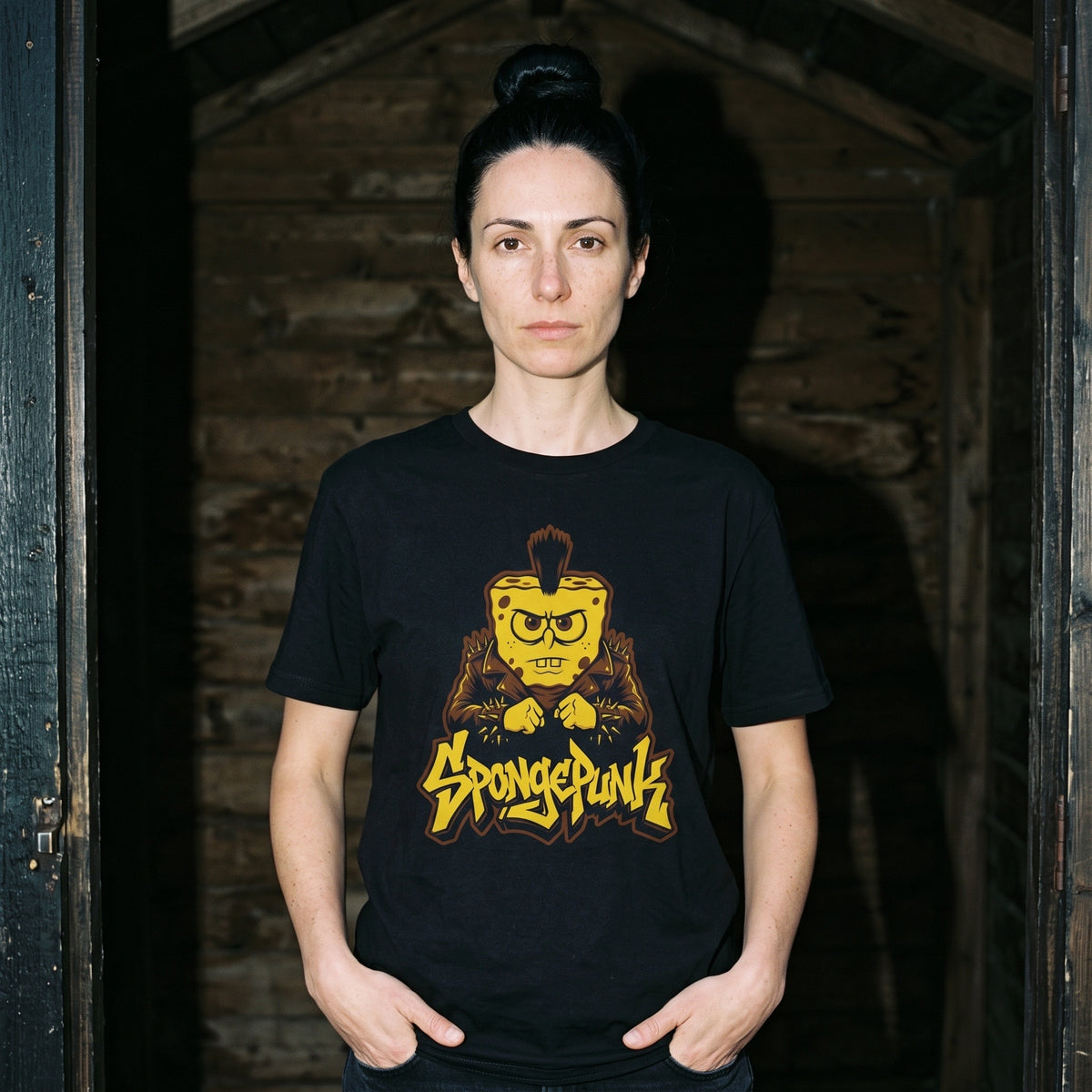 Woman wearing the SpongePunk black graphic tee
