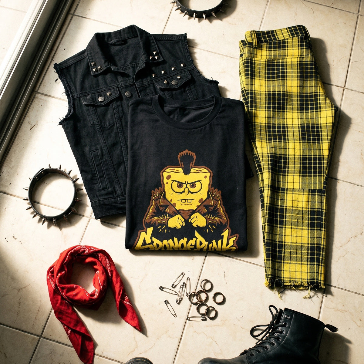 SpongePunk black graphic tee styled in a flat lay with matching pieces