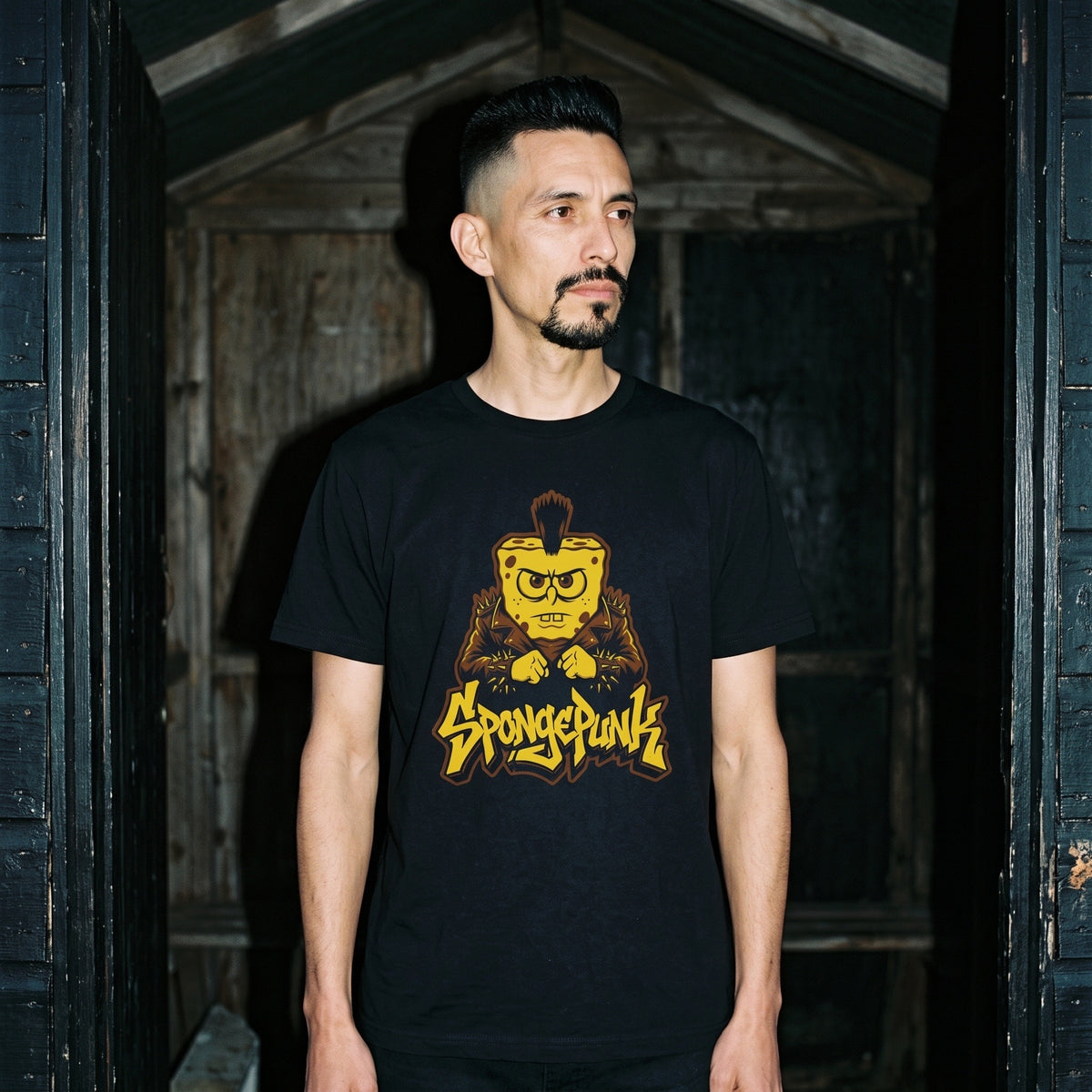 Man wearing the SpongePunk black graphic tee