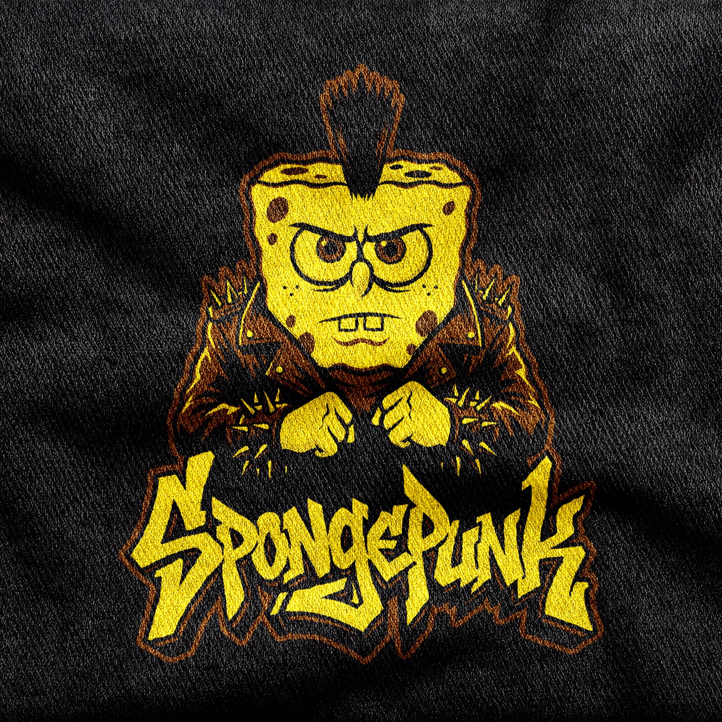 SpongePunk design printed on a black cotton tee, close-up