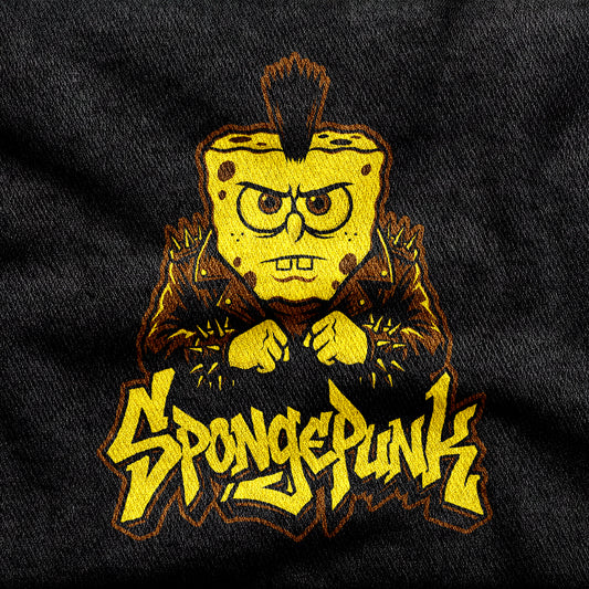 SpongePunk design printed on a black cotton tee, close-up