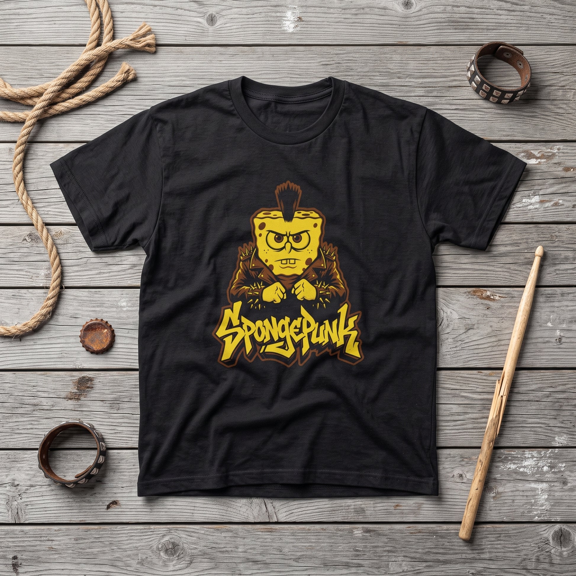 SpongePunk black graphic tee, styled flat lay