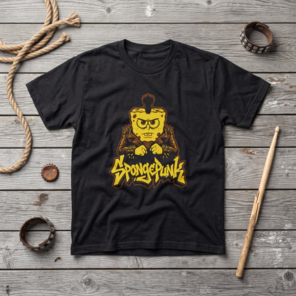 SpongePunk black graphic tee, styled flat lay