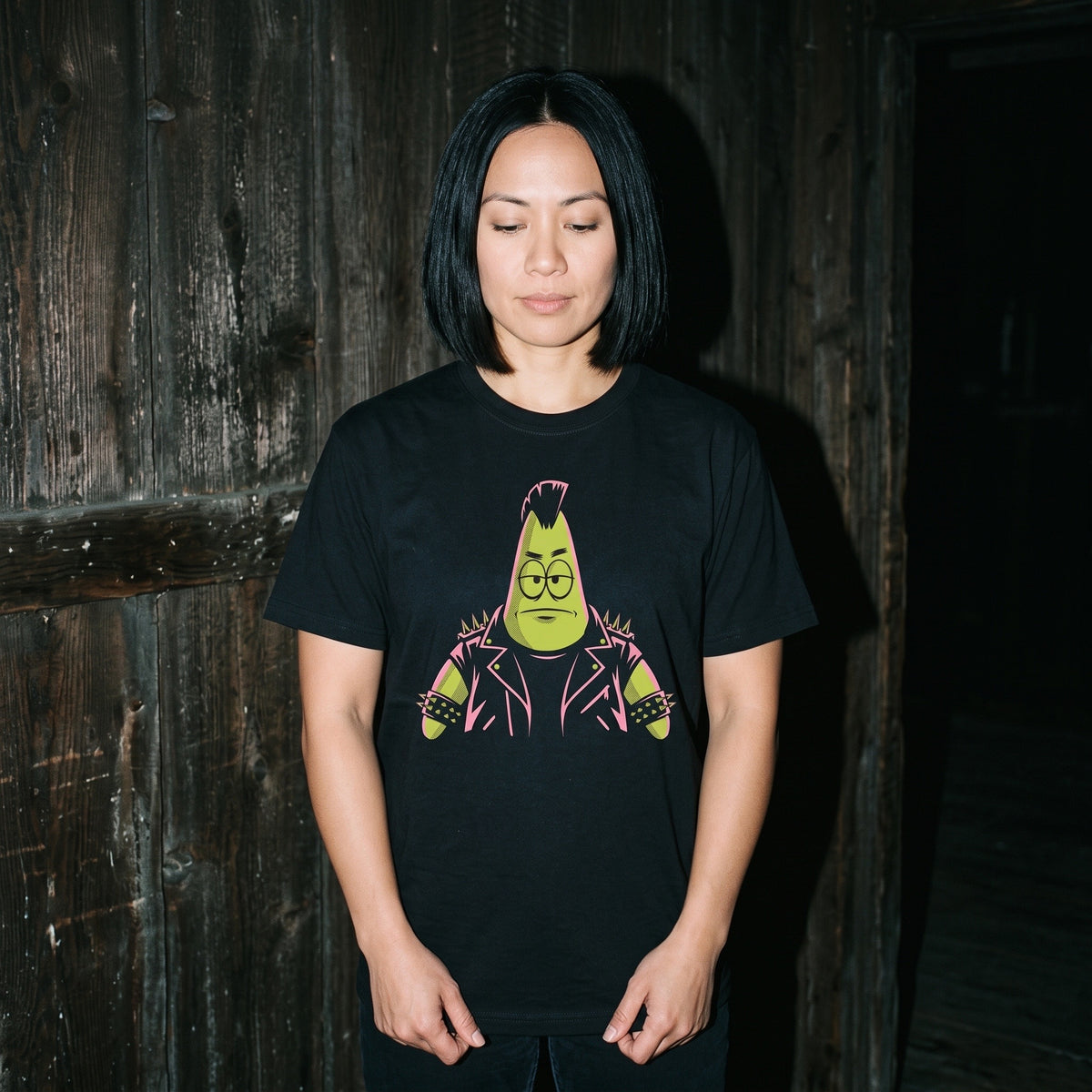 Woman wearing the Punkrick Scar black graphic tee
