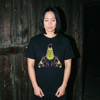 Woman wearing the Punkrick Scar black graphic tee