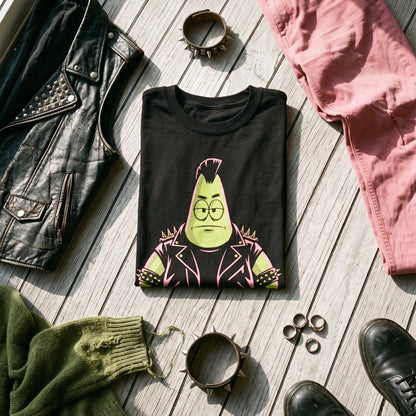 Punkrick Scar black graphic tee styled in a flat lay with matching pieces