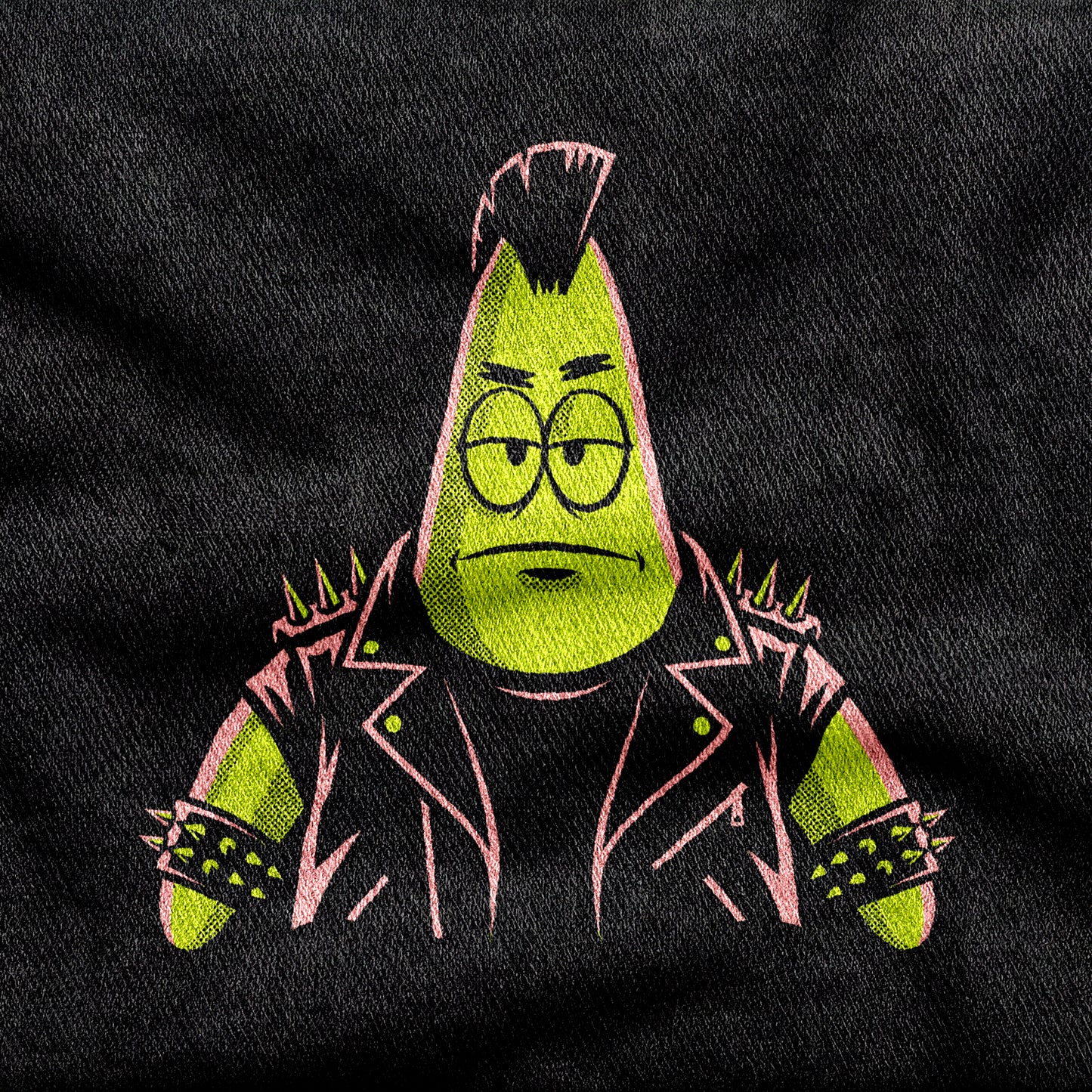 Punkrick Scar design printed on a black cotton tee, close-up