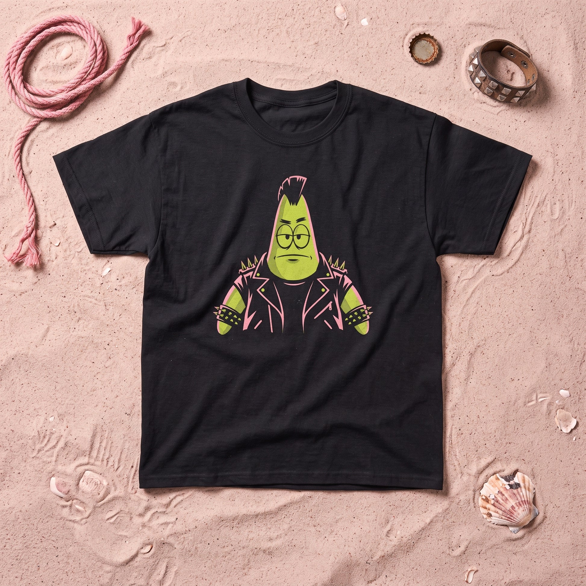 Punkrick Scar black graphic tee, styled flat lay