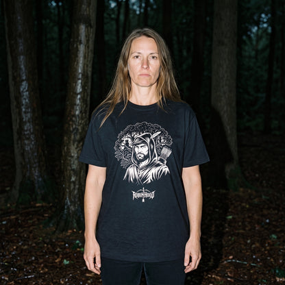 Woman wearing the Robin Hood black graphic tee