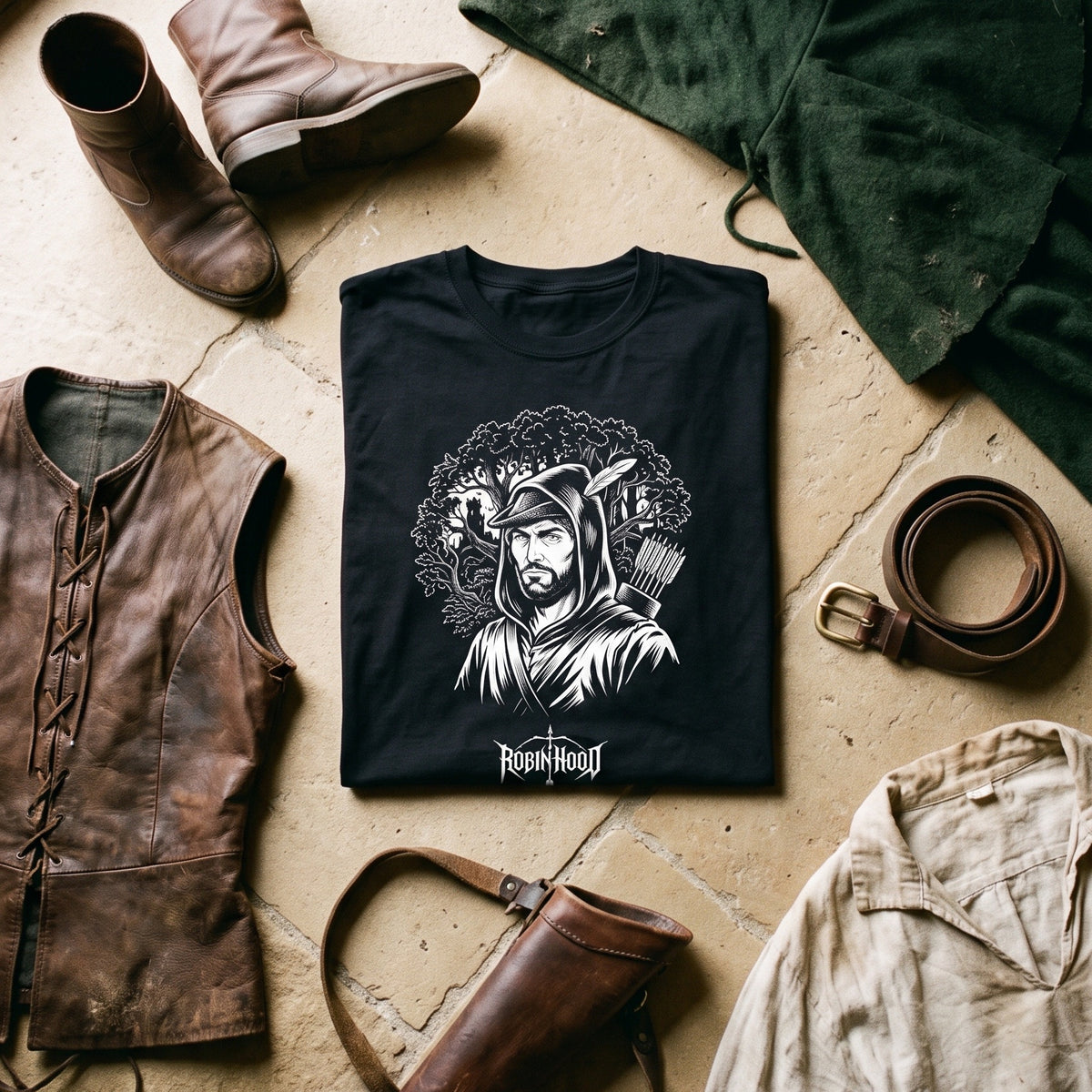 Robin Hood black graphic tee styled in a flat lay with matching pieces