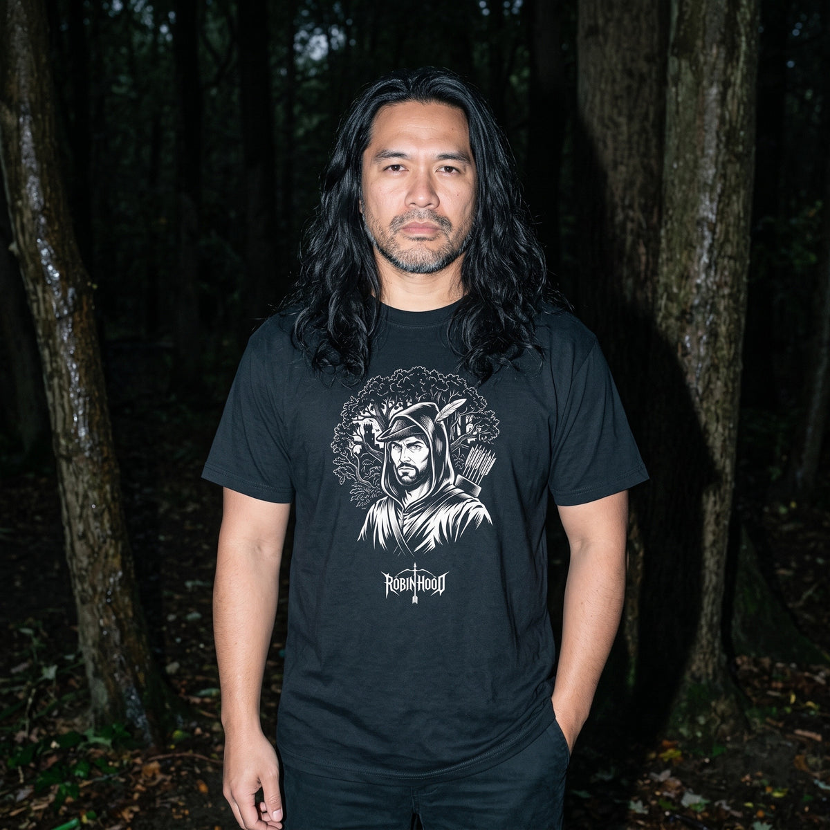 Man wearing the Robin Hood black graphic tee