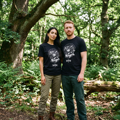 Two models wearing the Robin Hood black graphic tee