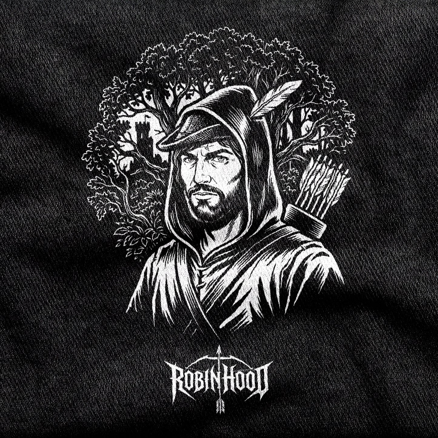 Robin Hood design printed on a black cotton tee, close-up